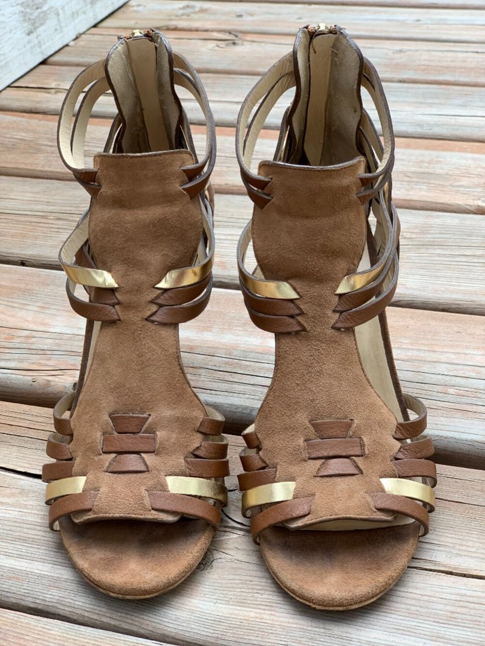 Jimmy Choo Brown Suede Metallic Gold Leather Stiletto Heel Sandal 39 9 Gladiator